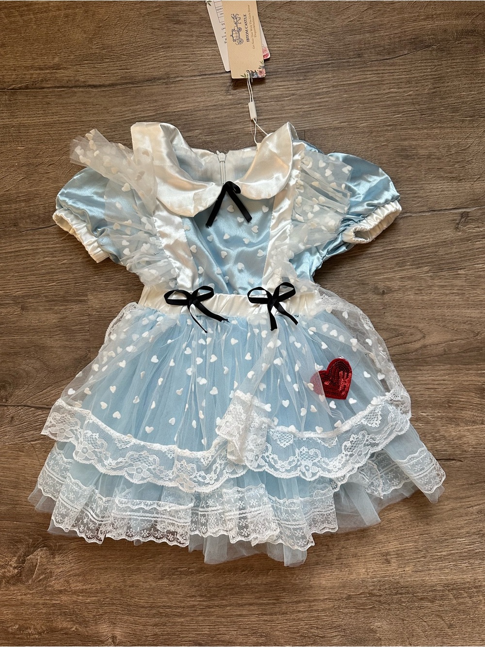 Alice in Wonderland Blue Heart Lace Kids Costume Dress Black Bow Accents